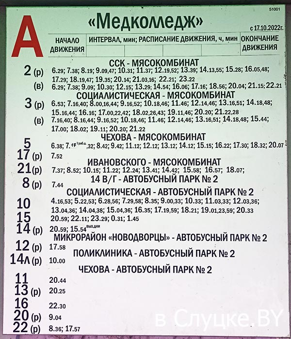 Расписание автобусов на остановке Медколледж в Слуцке